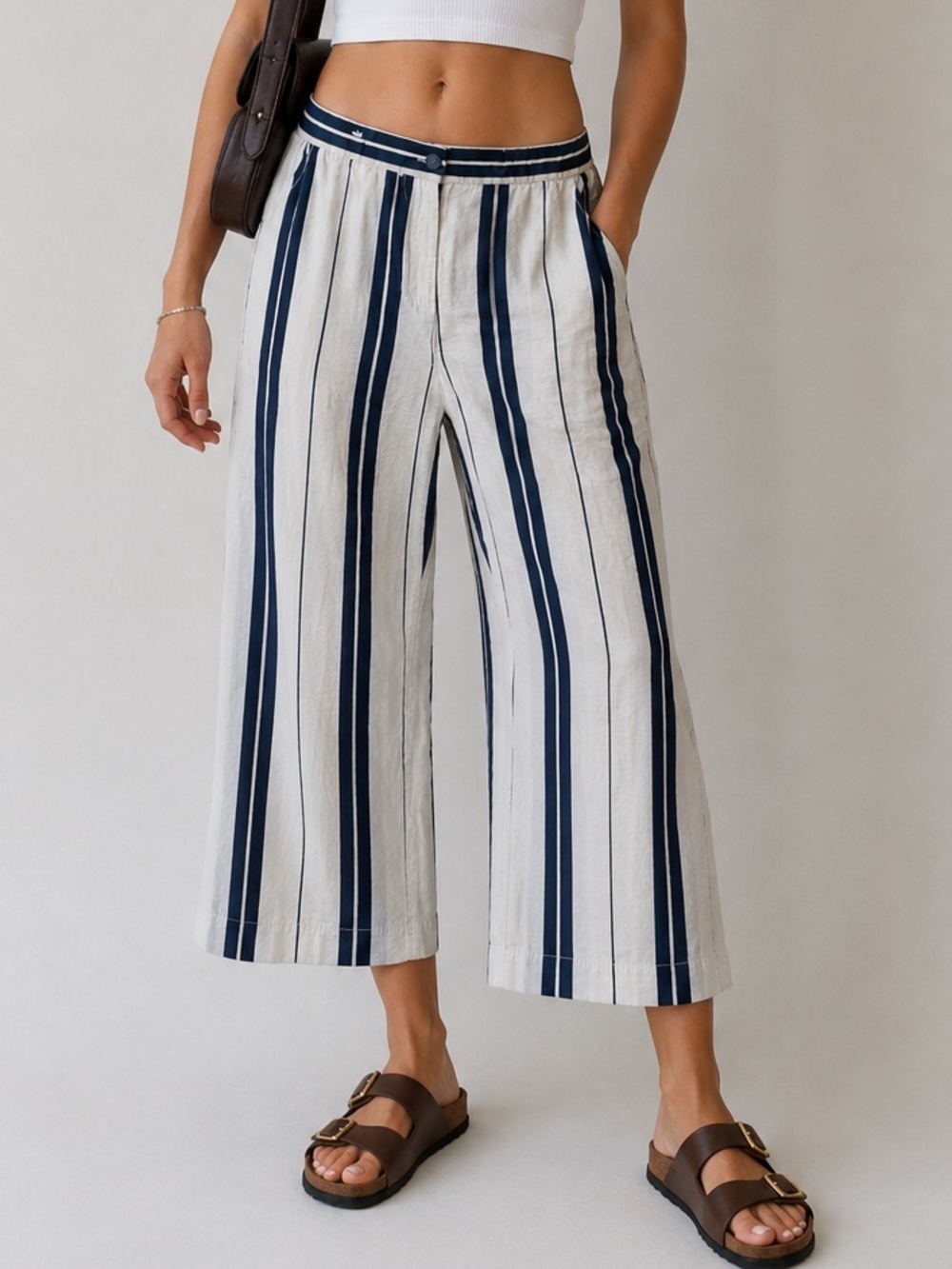 Sincerely Jules Navy and Cream Striped Wide-Leg Cropped Pants